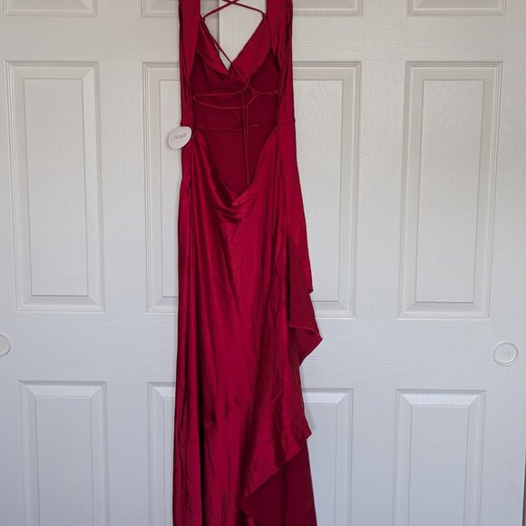 Formal Red Satin Dress - High Slit and Open Back - Picture 2 of 4